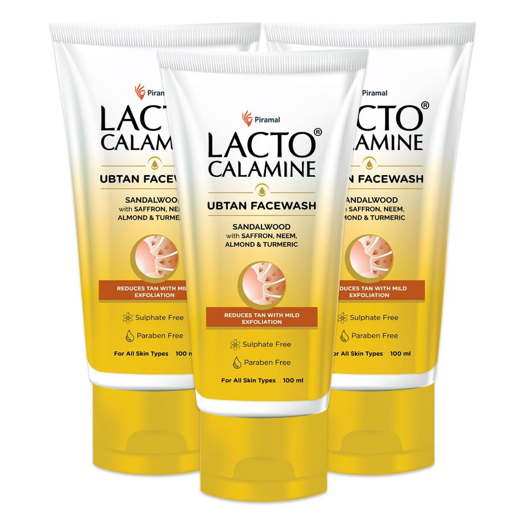 Lacto Calamine Ubtan Face Wash for Glowing Skin 100 ml Pack of 3 | Natural Exfoliating Facewash with Sandalwood & Saffron