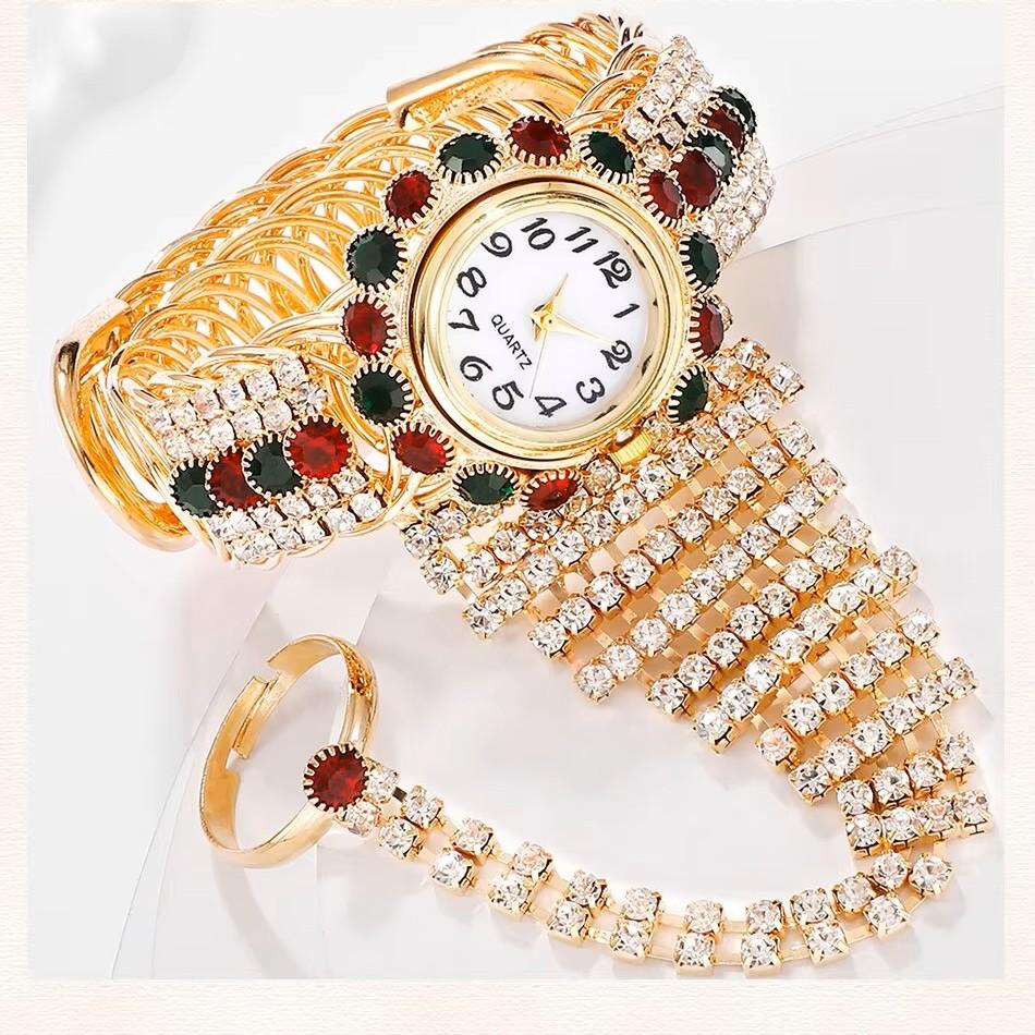 Luxury Women Bracelet Finger Hand Quartz Watch Women Diamond Rhinestone Lady Sport Red Dial Wristwatch Clock