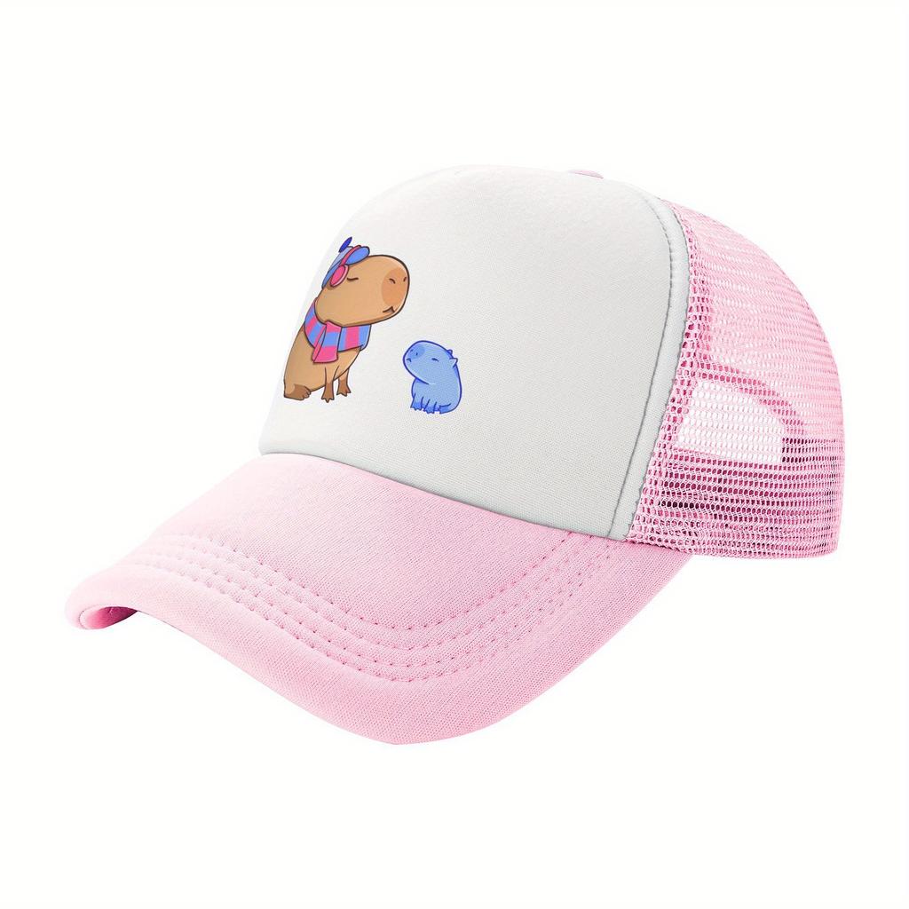 Capybara Family Print Trucker Hat Pink Mesh Breathable Adjustable Baseball Cap for Women Men