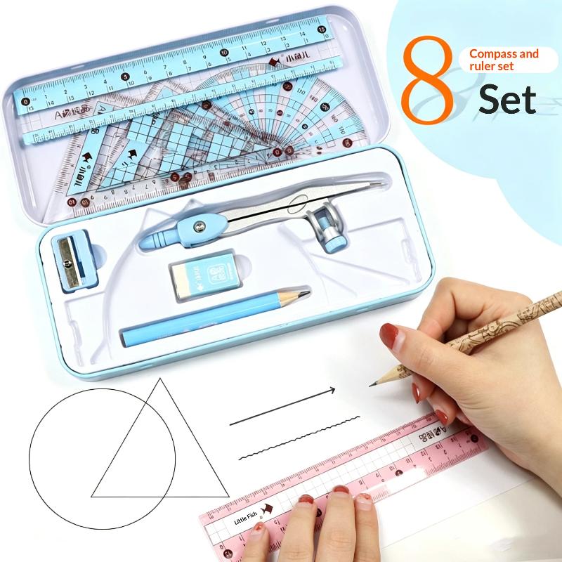8Pcs/Set Geometry Math Drawing Stationery Set, Ruler Compass Pencil Kit For Students, School Supplies Gift For Boys & Girls