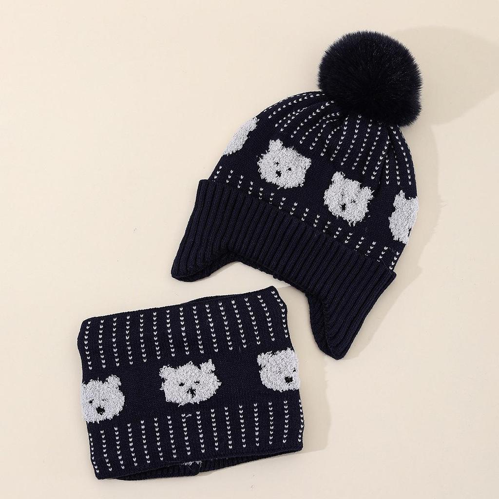 Cartoon Dog Plush Knit Hat & Scarf Set - Fleece-Lined with Warm Ear Protection and Pom Pom