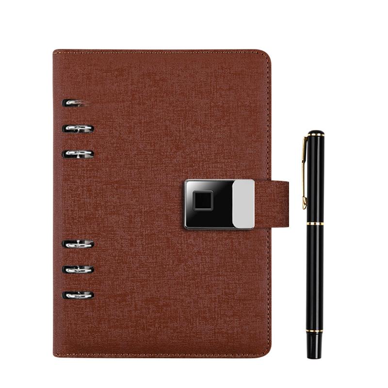 Factory Direct Sale Fingerprint Lock Notepad Loose-leaf Notepad Calculator with Card Slot Notepadleather Notebook Box and Pen