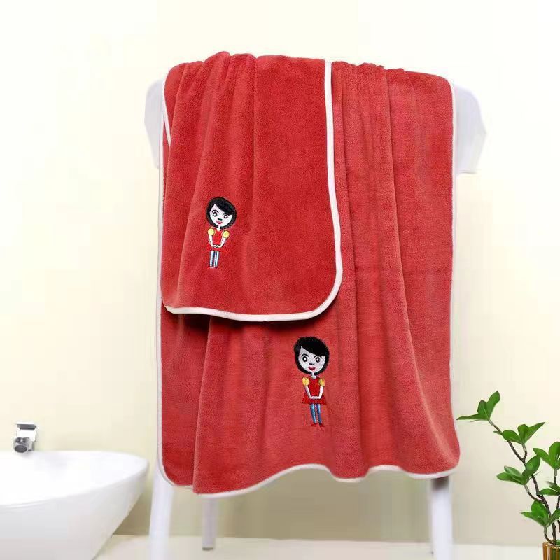 High-density Coral Fleece Embroidered Bath Towel Towel Two-piece Set Soft and Quick-drying Absorbent Beach Towel Cute Household Wrap Towel