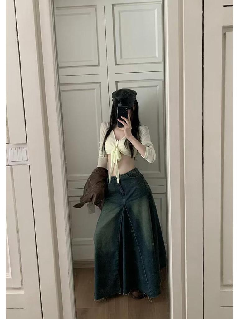 Women's High-Waist Summer 2024 Retro Washed Denim A-Line Skirt