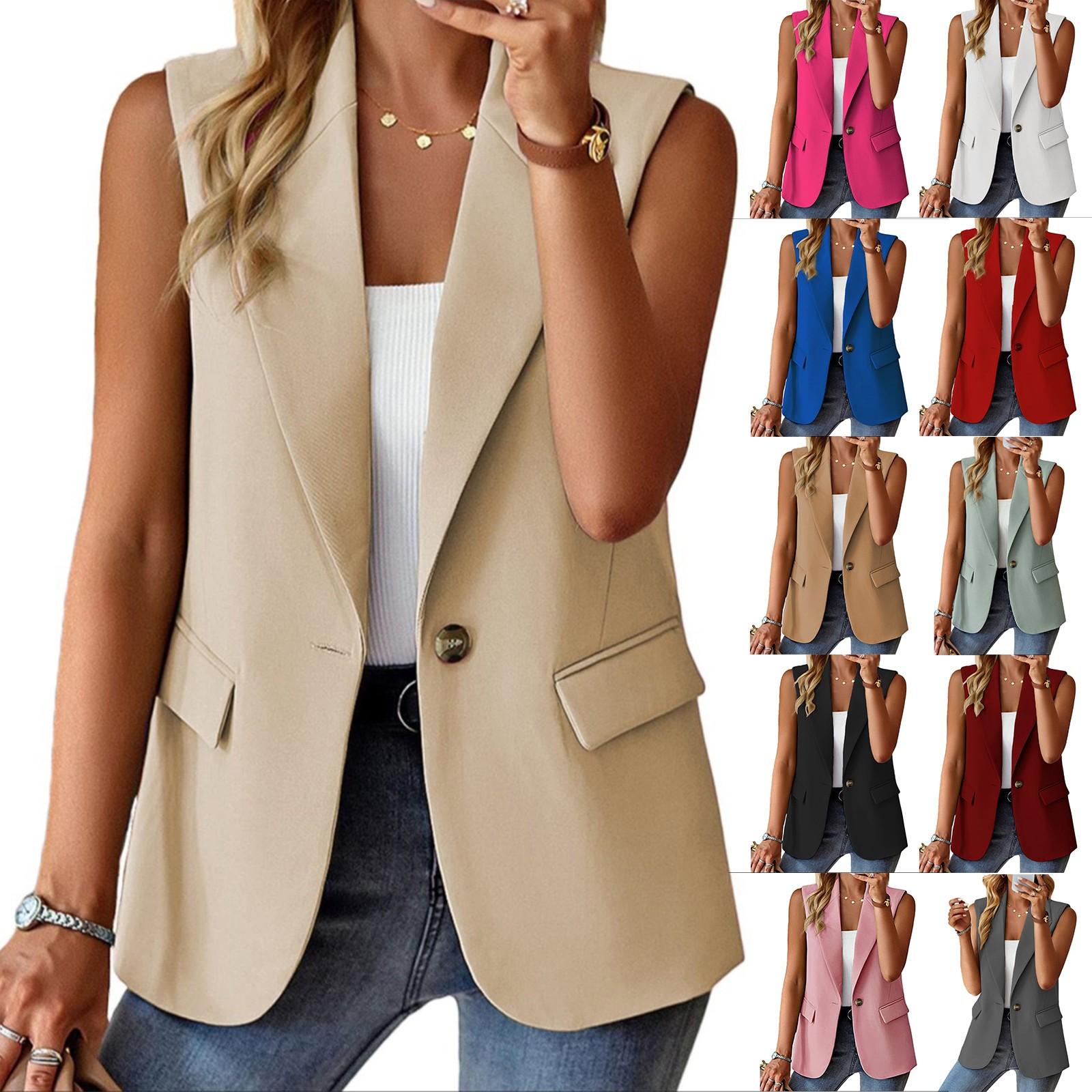 

Women s Solid-color Sleeveless Cardigan Suit Jacket L бежевий
