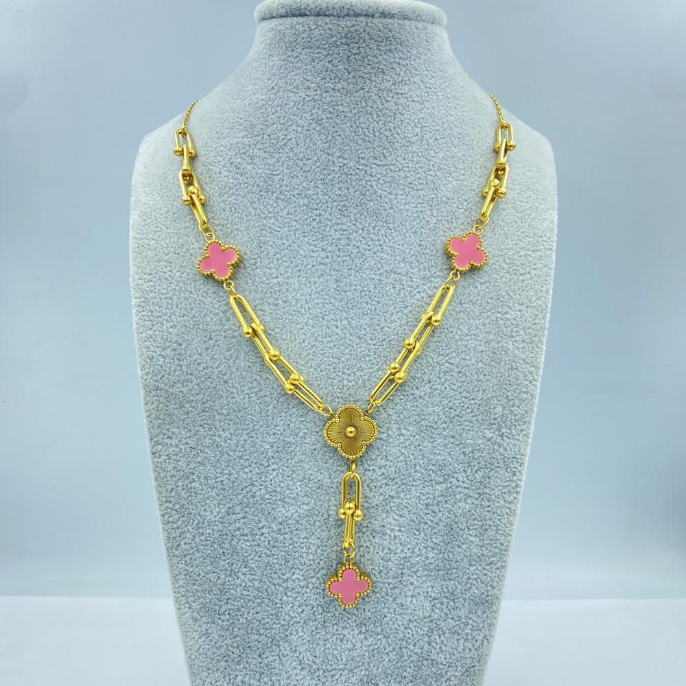 Fashion 13MM Four Leaf Flower U Shape Necklace Titanium Steel Four Leaf Clover Ladies Necklace