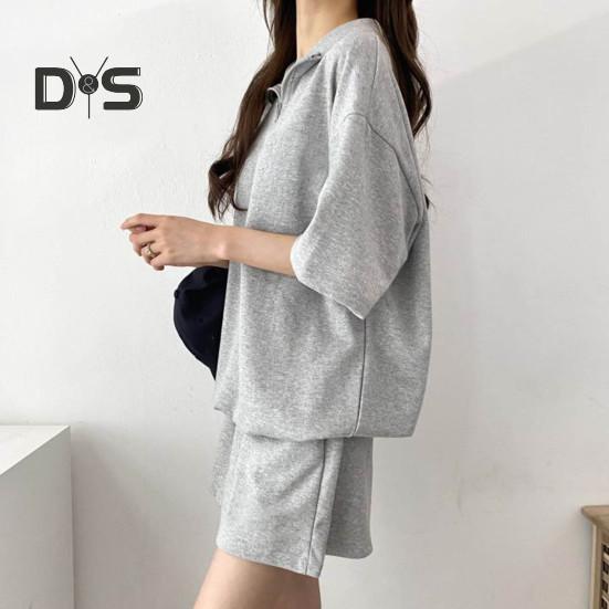 2 Teile/satz Sweatshirt Shorts Set Lose Einfarbig Revers Halbarm Taschen Elastische Taille Zipper Kragen Atmungsaktive Weiche Sommer Trainingsanzug