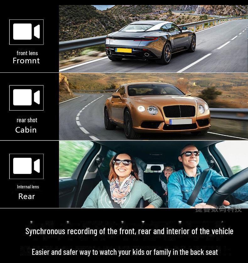 Dash Cam WiFi HD da 3 pollici con visione notturna e tripla lente per registrazione anteriore, interna e posteriore