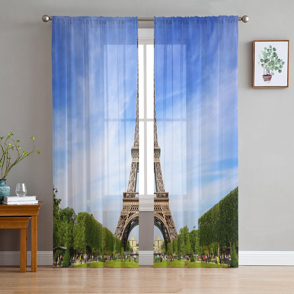 Paris Frankreich Stadtbild mit Eiffelturm Sonnenuntergang Chiffon transparente Vorhänge für Wohnzimmer Schlafzimmer Fenster Voiles Tüll Vorhang