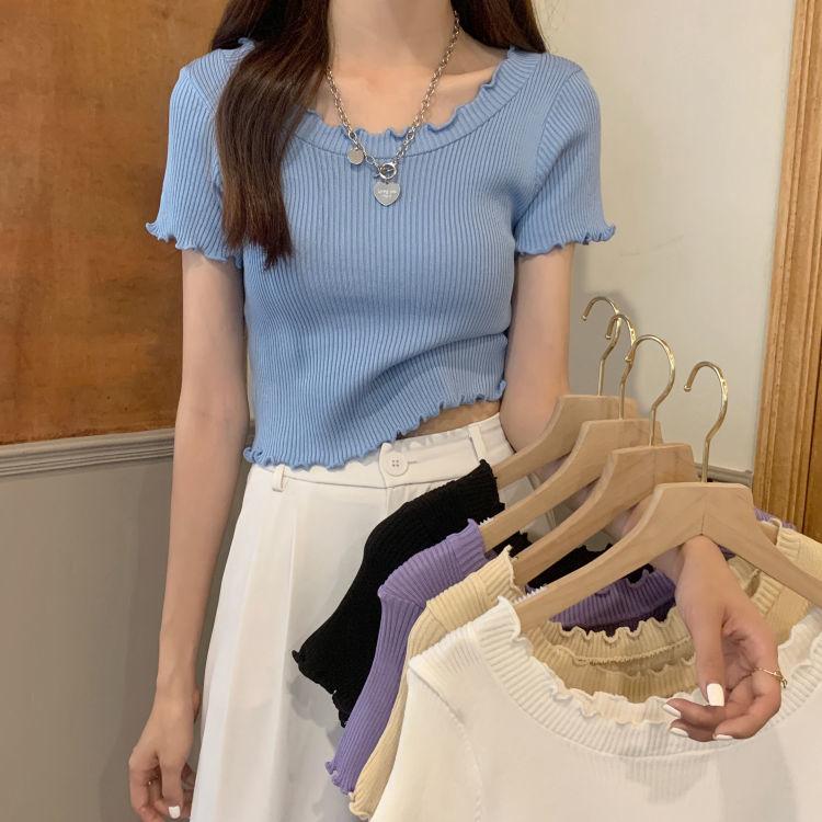 Ice Silk Short Sleeved T-shirt for Women In Summer Slim Fit and Slimming Short Top with Mushroom Edge Design Fashionable and Versatile Knit Shirt