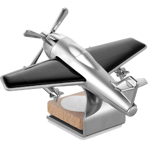 Airplane Car Diffuser, Airplane Car Air Freshener, Solar Essential Oil Diffuser with Wood Base, Rotating Aircraft Ornaments, Alloy Desk Decoration