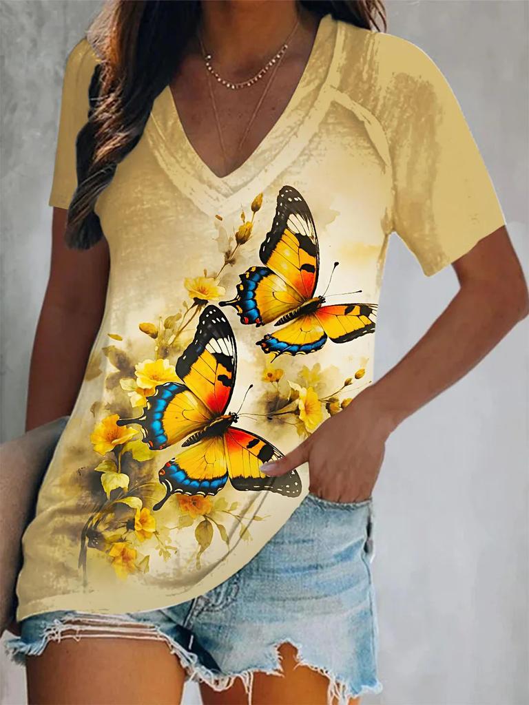 3D Printed Short Sleeve Butterfly Floral Print Women's V-Neck T-Shirt Summer Loose Women's Casual Short Sleeve Top