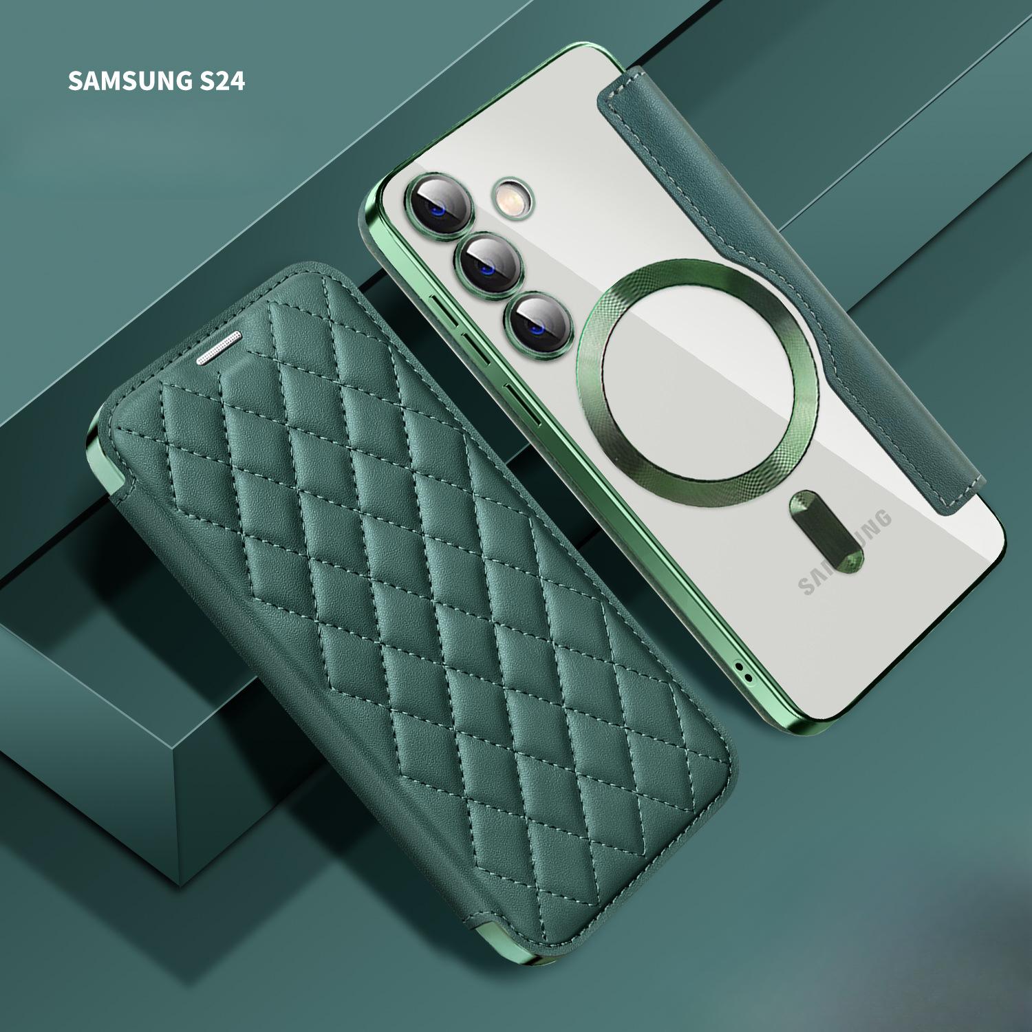 

Чехол-книжка из кожи с магнитным покрытием для Samsung S24U/S23Fe/S22 +/A05S с гальваническим покрытием S22 темно-зеленого