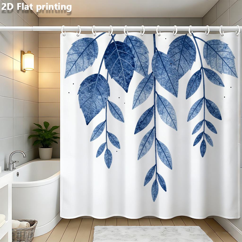 

Blue Leaf Shower Curtain 1Pc Polyester 2D Flat Print 70.8X70.8 Grommet Top White Background Watercolor Style W60H190(CM)-1 Pcs