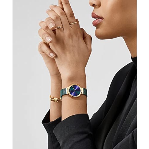 BERING Women's Quartz Watch, Green and Gold, Stainless Steel, Mesh Strap, Japan Exclusive, 19031-828, Officially Imported, 3-Year Warranty, Scratch-Re