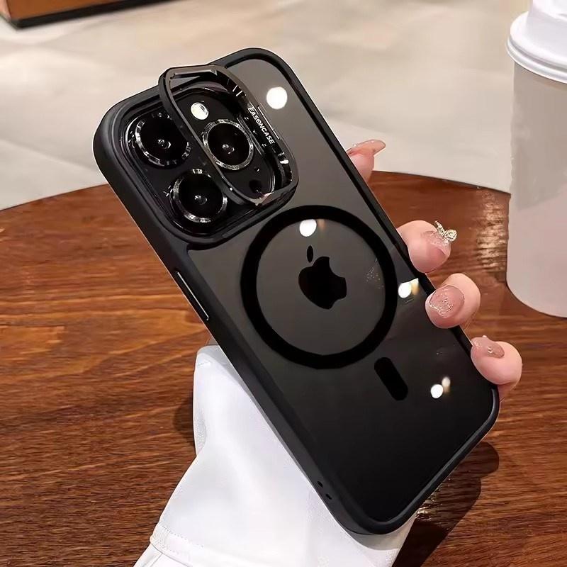 Metal Holder Phone Case For iPhone 17 16 15 14 13 12 11 Pro Max Plus Air For Magsafe Transparent Magnetic Lens Protection Cover