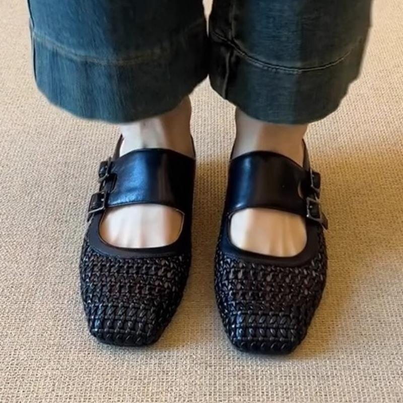 Sheepskin version~ inner height increase with half slippers women's square head versatile woven hollow and breathable outer bag head sandals