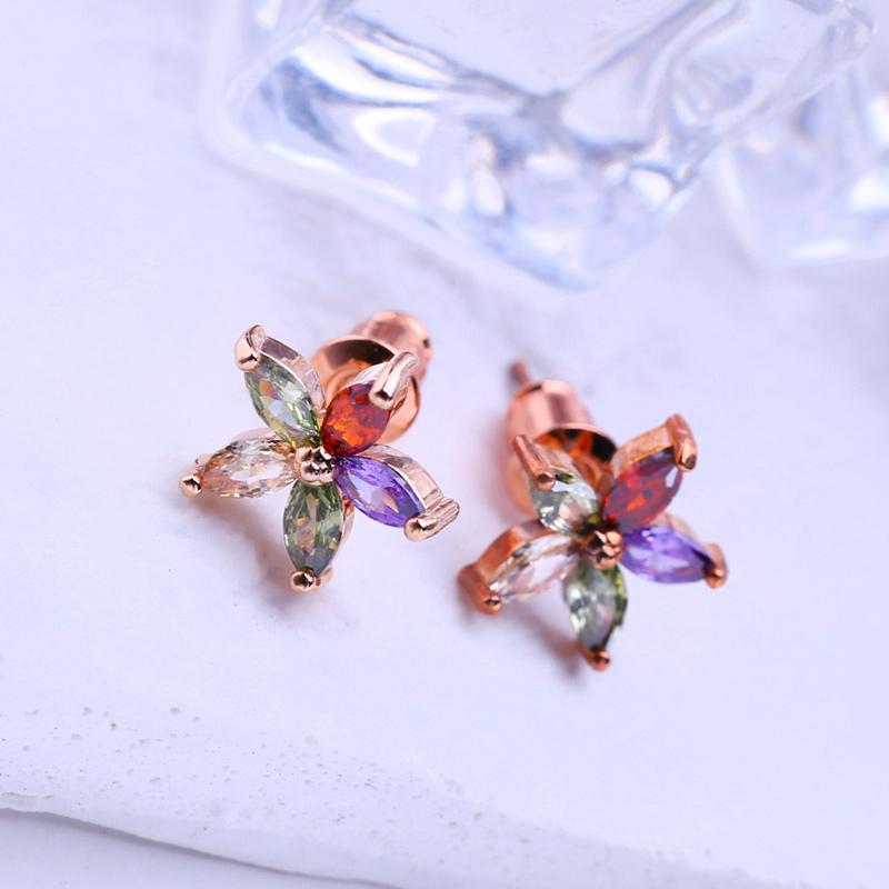 LSOOYH Örhängen Rose Guld Färg Mode Örhängen För Kvinnor Cubic Zirconia Flower Stud Örhängen Smycken