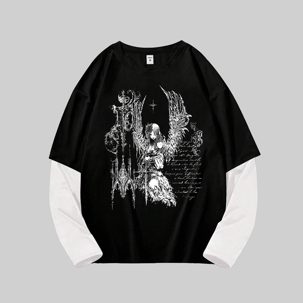 Maglietta Goth da Uomo Y2k Grafica Oversize Manica Lunga Girocollo Streetwear Top Vestibilità Primaverile