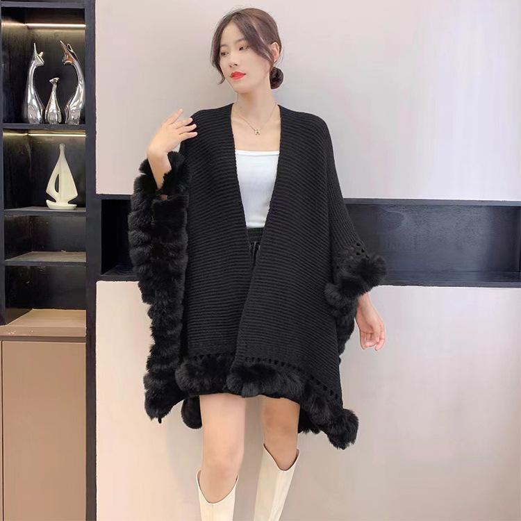 Large Fur Collar Knitted Shawl Solid Color Versatile Scarf Thickened Warm Jacket Cape Women'S Cape Shawl