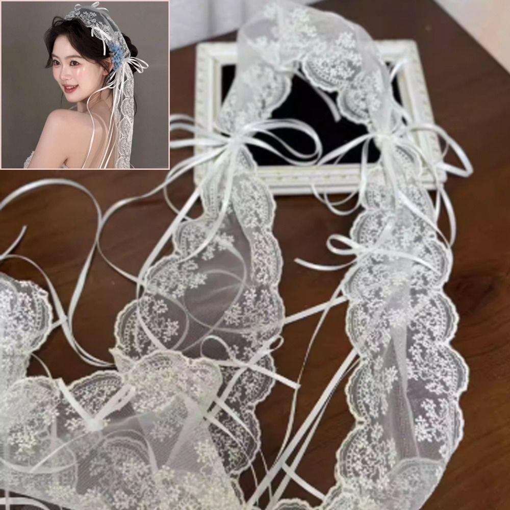 הינומה לחתונה רטרו בסגנון צרפתי רקומה לכלה כיסוי ראש לחתונה לכלה קשת תחרה סרט ראש ארוך
