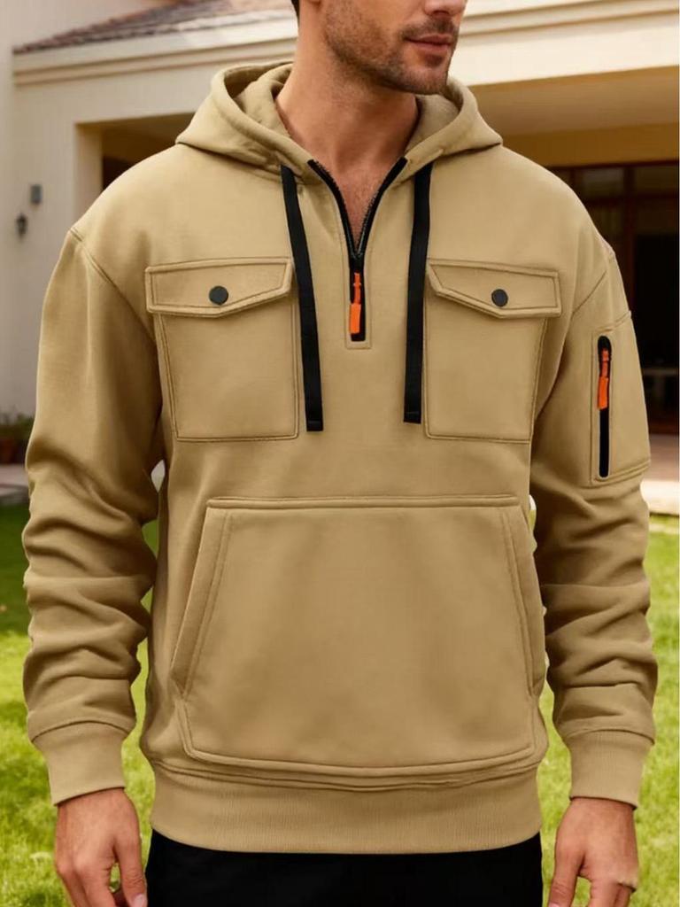 Men's Fleece Hooded Sweatshirt with Dual Chest Pockets - Casual, Trendy Zipper Pullover for Autumn and Winter