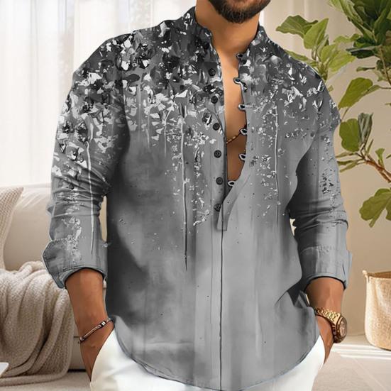 Men Shirt Thin Stand Collar Printed Single-breasted Solid Color Long Sleeves Soft Mid Length