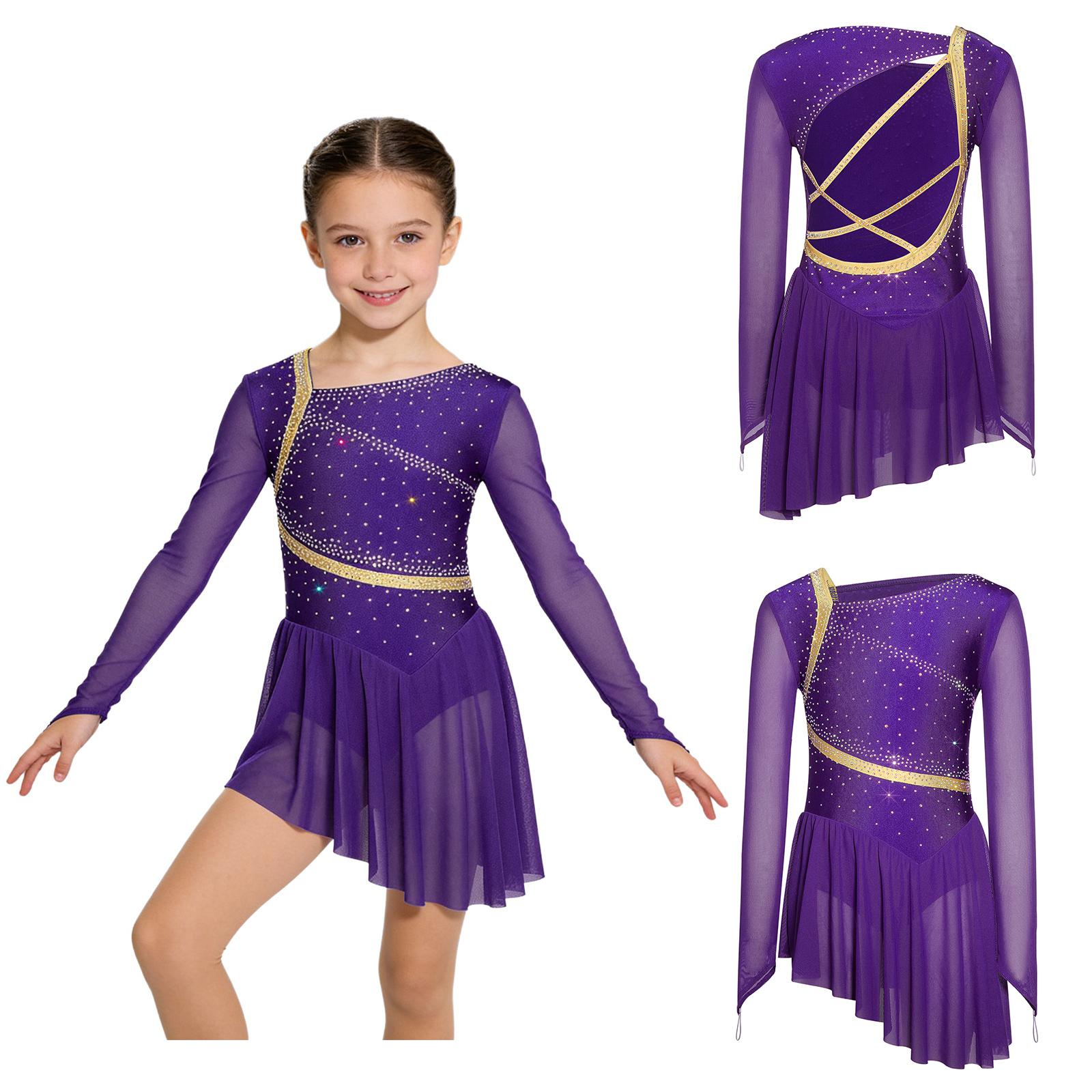Eiskunstlauf Tanzkleid für Mädchen: Netz-Langarm mit Träger-Rücken, glitzernden Strasssteinen, asymmetrischem Stil und integriertem Slip 5-6 Years violett