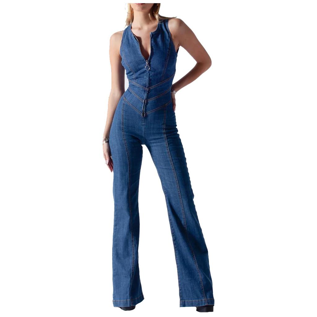 Women Casual Sleeveless Rompers Vintage Overalls Ladies Long Jumpsuits Heart Cutout Back Jumpsuit