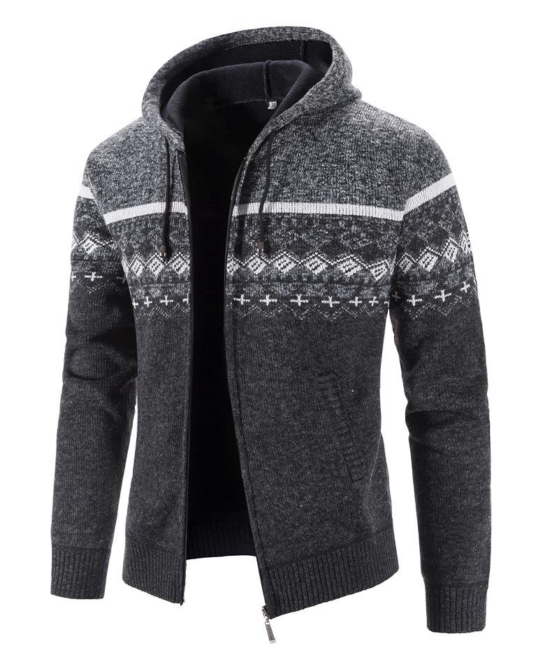 Men's Autumn Winter Zippered Hooded Sweater Cardigans - Thick Patterned Warm Knitwear for Casual Style