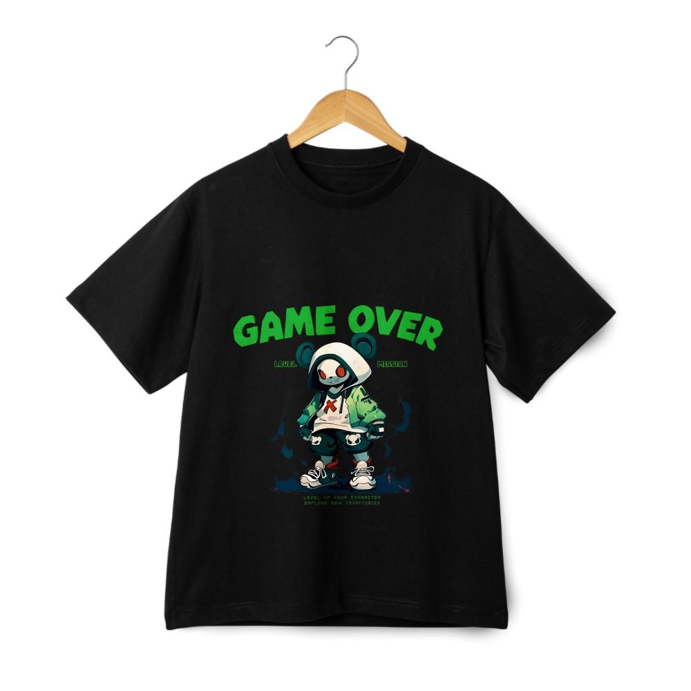 'GAME OVER'' Trendy Cartoon Casual T-shirt, Unisex In Black and White