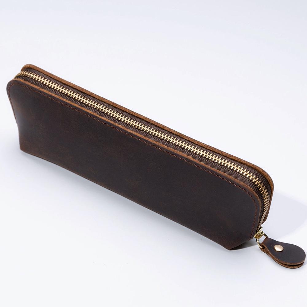 2026 Crazy Horse Leather Zipper Pencil Bag Handmade Leather Pencil Bag Creative Fashion Stationery Retro Pen Storage Bag