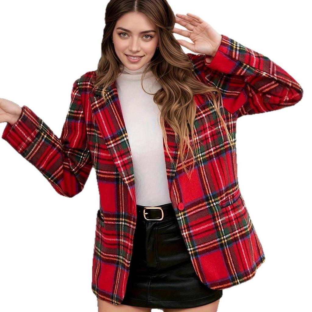 Winter Fall Christmas Red Plaid Long Sleeve Blazer Jacket Women's Fashion Outerwear
