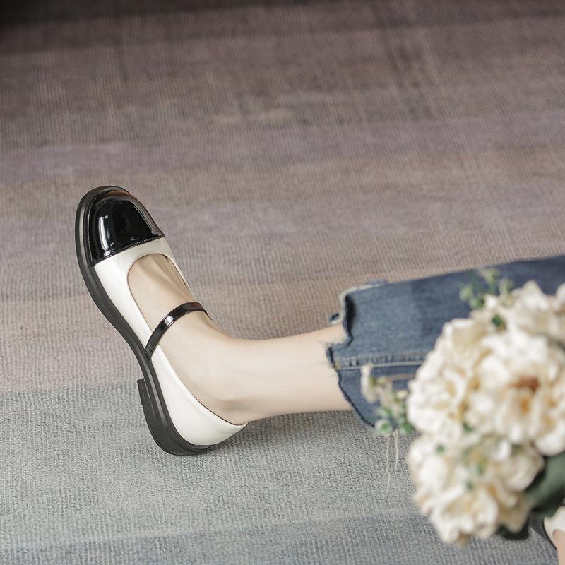 Mary Jane shoes women's 2025 spring color matching single shoes round head patent leather small leather shoes thick heel Ge Shilin women's shoes retro