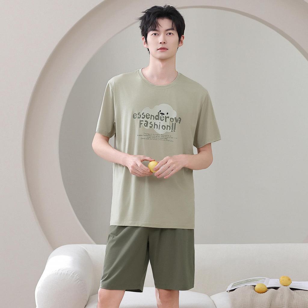 Men's Plus Size Cotton Summer Pajama Set - Thin Short-Sleeved Top & Shorts, Round Neck, Casual & Comfortable for Indoor/Outdoor Wear