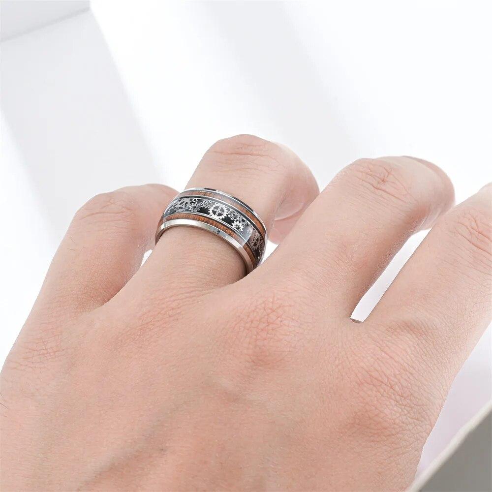 Mode Steampunk Zahnrad Edelstahl Ringe Inlay Koa Holz Ringe Für Männer Hochglanzpoliert Hiphop Punk Rock Biker Schmuck
