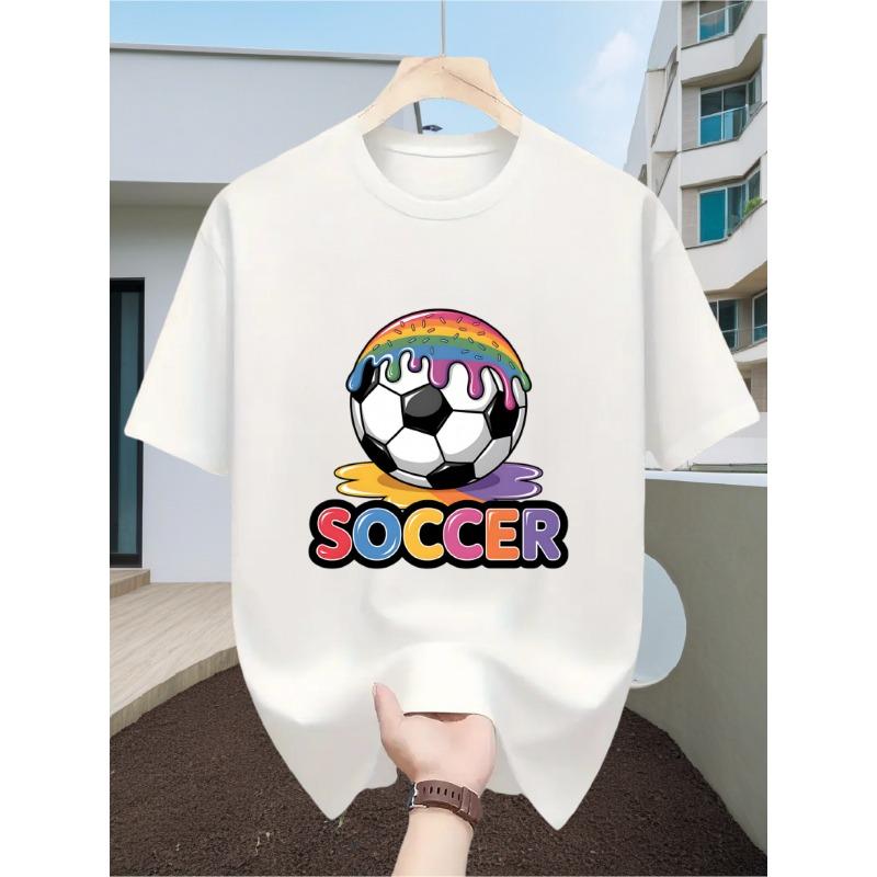 European Size Creative SOCCER Men'S Short-Sleeve T-Shirt, Featuring an Eye-Catching Rainbow Splatter Football Print That Scores Full Points