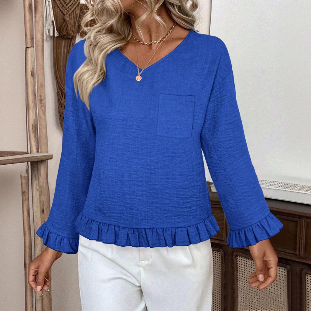Women's Casual Fashion Ruffle V-Neck Pocket Solid Color Long Sleeve Top