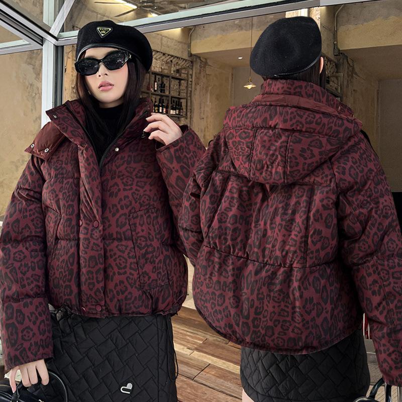 Women's Thickened Short Detachable Hood Leopard Print Jacket