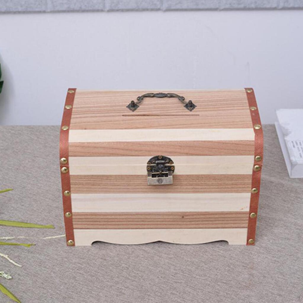 Rustic Wooden Piggy Bank Chest with Lock And Keys, Money Storage Box for Birthday Gifts, Bookshelf