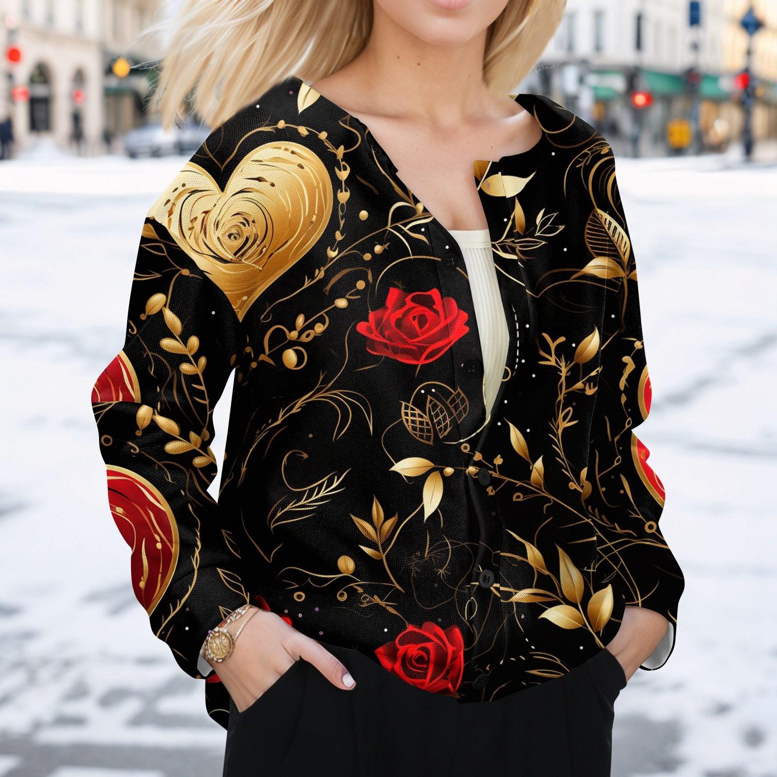 

Женская мода День святого Валентина принтованный длинный рукав кардиган куртка на пуговицах M золотой