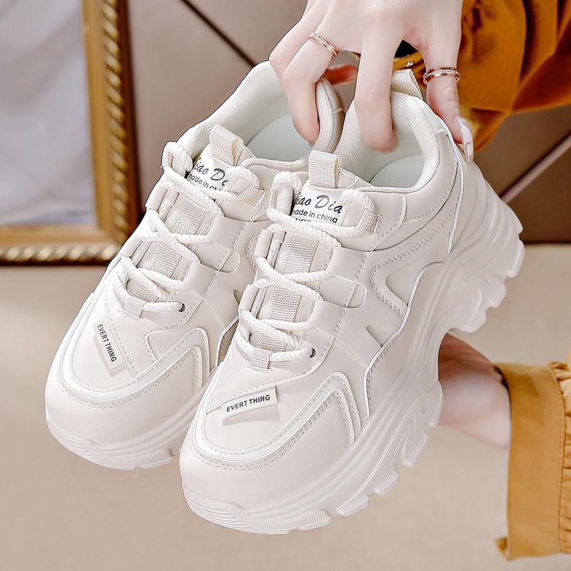 Fashion 2025 New Women New Fashion Platform Sport Shoes Women Summer Beige Casual Chunky Sneakers Women Leather Platform Shoes