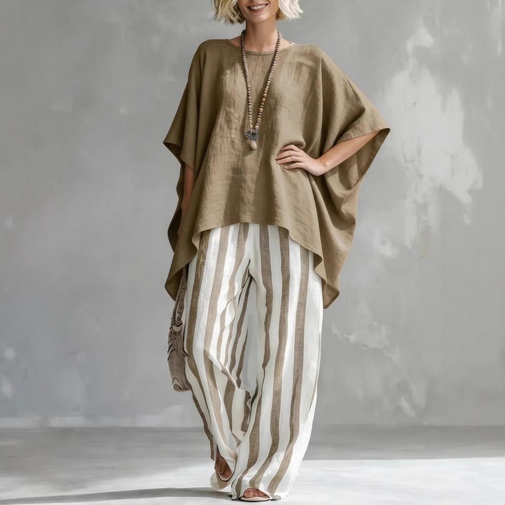 2026 Amazon European and American Cross-border Women's Clothing Spring and Summer Loose Cotton and Linen Bat Sleeve T-shirt Cape Casual Suit