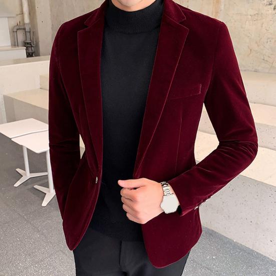 Spring Men Blazer Solid Color Turndown Collar Long Sleeve Slim Fit Single Button Velvet Suit Coat Streetwear