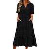 Women's Casual V Neck Dress with Gathered Puff Sleeves and Flared Hem Short Sleeve Midi Dress with Pockets