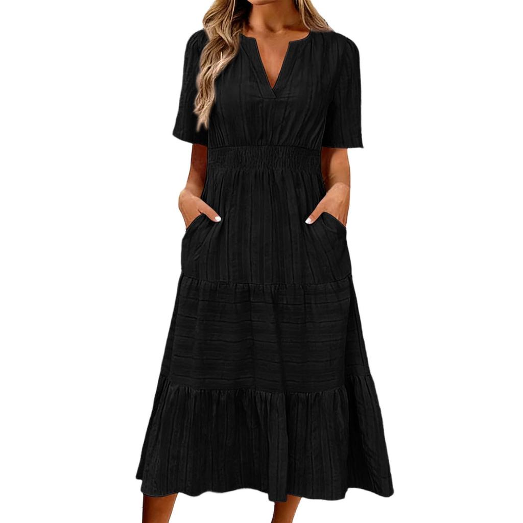 Women's Casual V Neck Dress with Gathered Puff Sleeves and Flared Hem Short Sleeve Midi Dress with Pockets