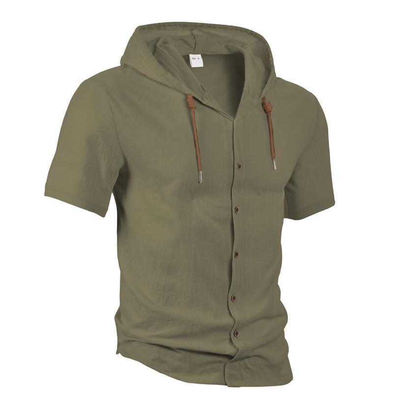 

Summer Mens Short Sleeve Shirt Men Single Breasted Hooded Linen Shirt For Men Casual Loose Lightweight Breathable Shirt Men XXXL армія зелений колір