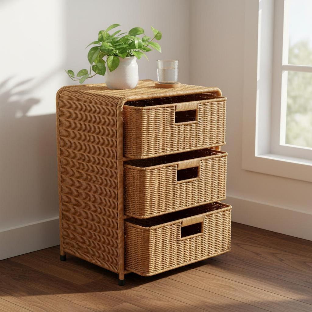 Wicker Design Bedside Table Handmade Home Furniture Removable Baskets