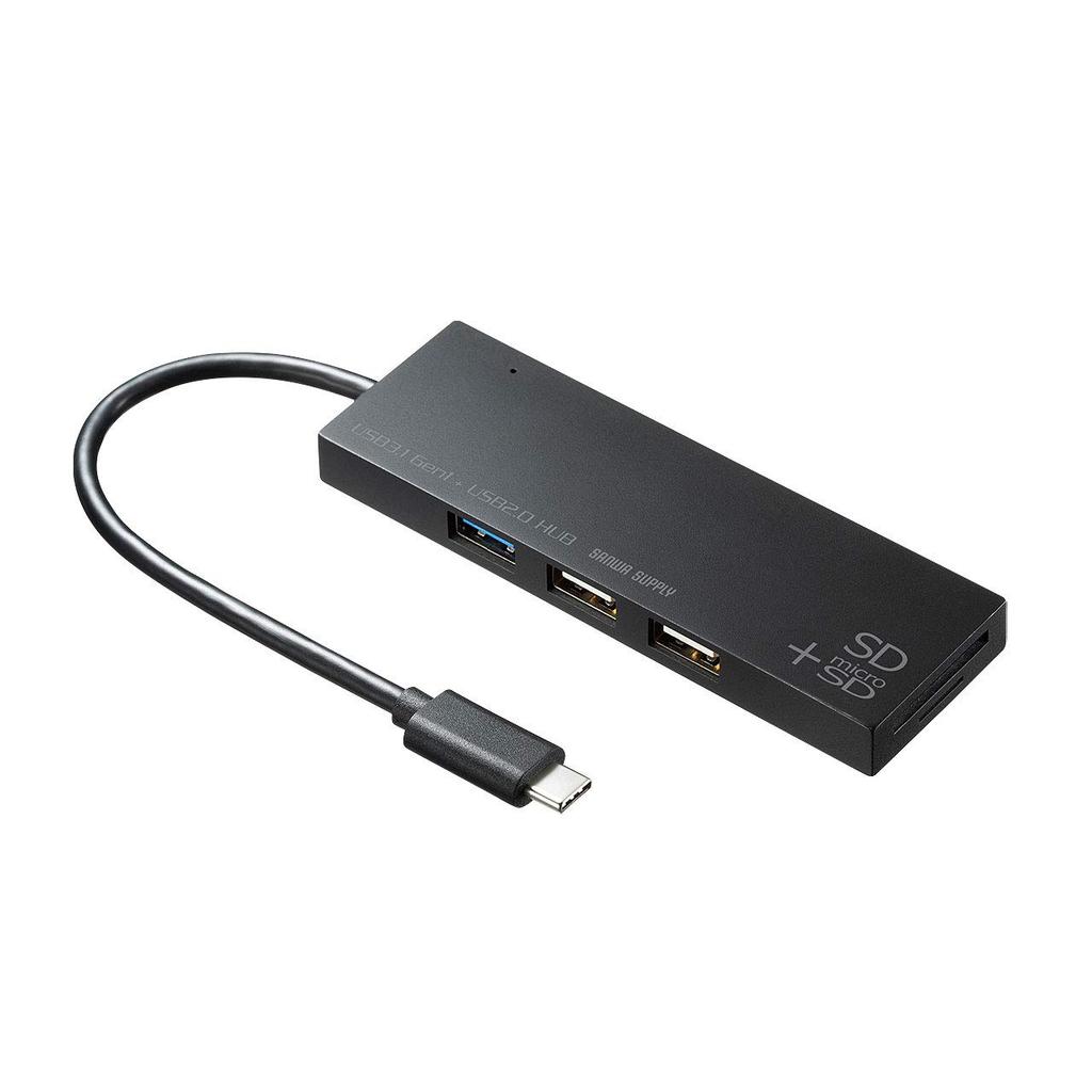 Sanwa Supply USB-hub Tilkobling x 1 x 2 kortleser Svart Type-C (USB3.1/3.0-port/USB2.0-porter/SD-kort/microSD inkludert) USB-3TCHC16BK