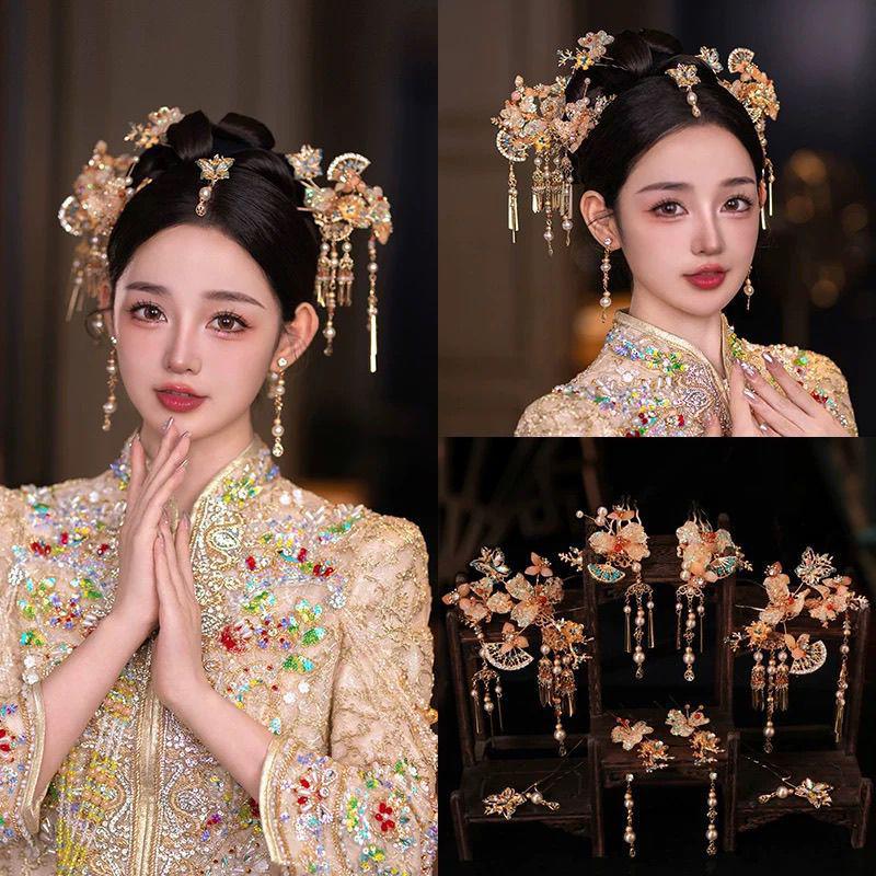Chińska biżuteria ślubna na głowę: 2025 Spinka do włosów z Koroną Feniksa i Frędzlami do Sukni Smoka i Feniksa.